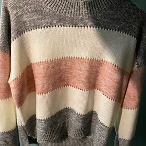Chic Striped Women's Sweater in Gray, Pink, and Cream (will wash for you)